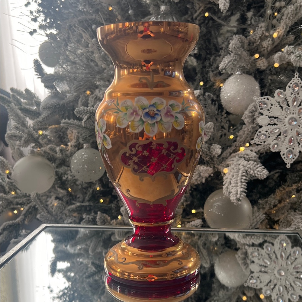 Vintage Bohemian ruby red and gold vase